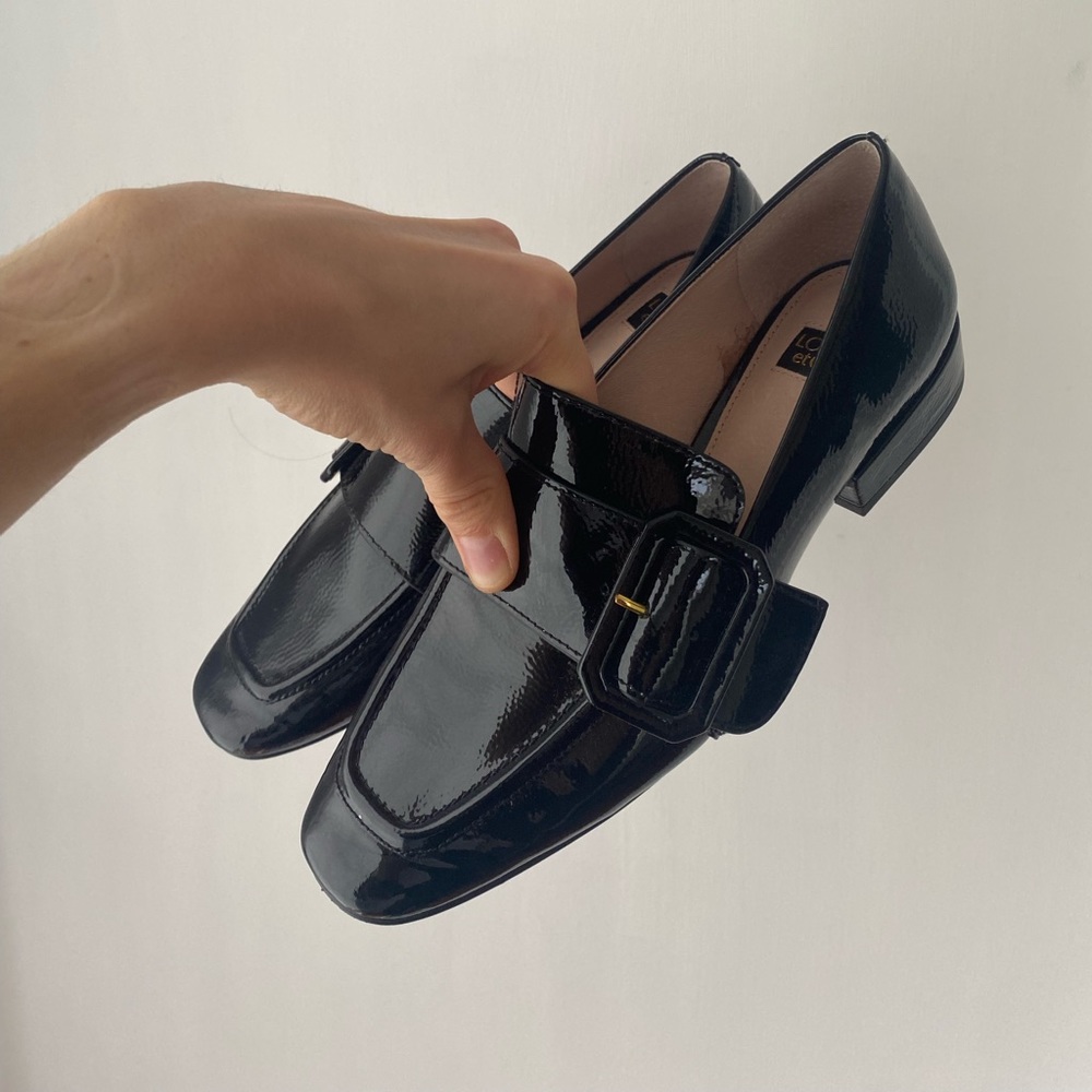 Square-Toe Buckle Loafers in Black Patent Leather